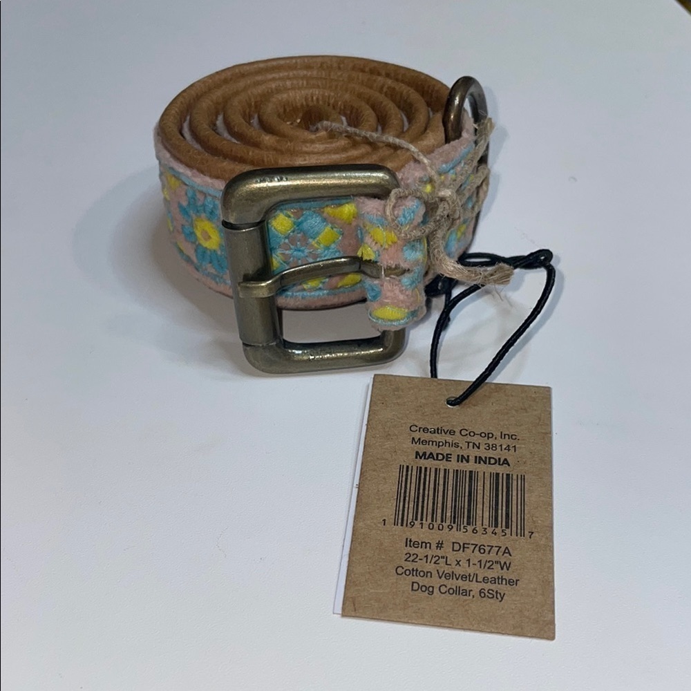 Creative Co-Op Blue and Brown Dog Collar Floral Embroidery 22.5” NWT